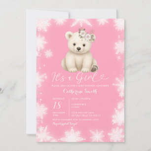 Invitation Douce Fête de Bébé Fille Ours Mignon Hiver Flocons