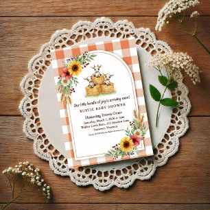 Invitation Douce Fête de Bébé Gingham Balle de Foin de Chèvre