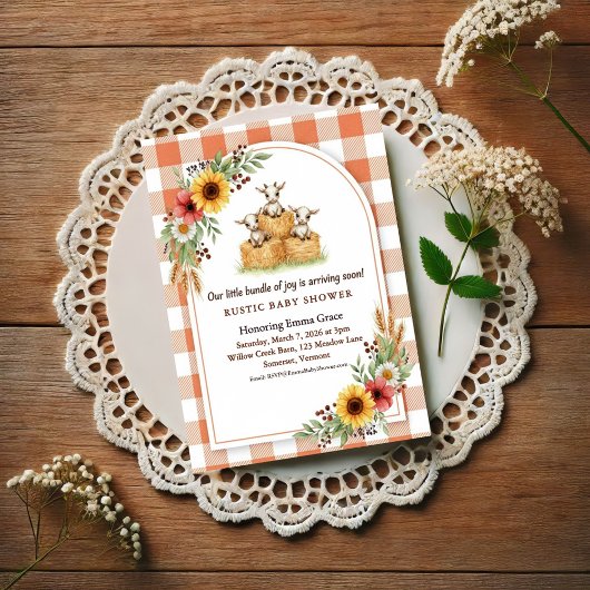 Invitation Douce Fête de Bébé Gingham Balle de Foin de Chèvre
