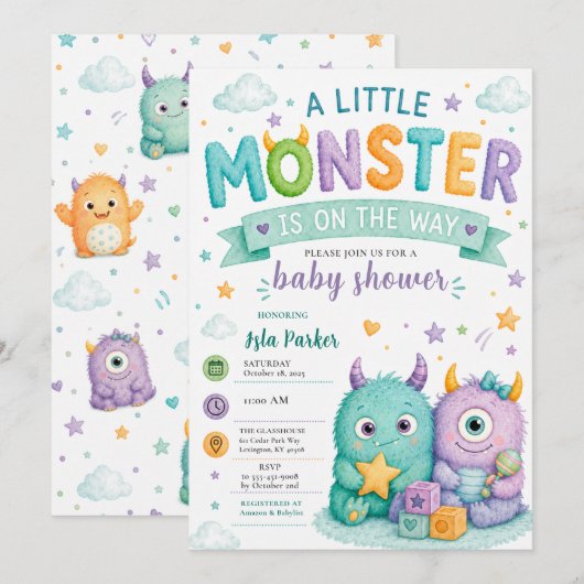 Invitation Douce Fête de Bébé Monstre pour Halloween (Devant / Derrière)