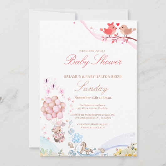 Invitation Douce Fête de Bébé Oiseaux d'Amour Teddy (Devant)