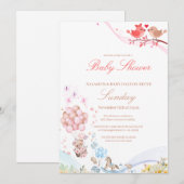 Invitation Douce Fête de Bébé Oiseaux d'Amour Teddy (Devant / Derrière)