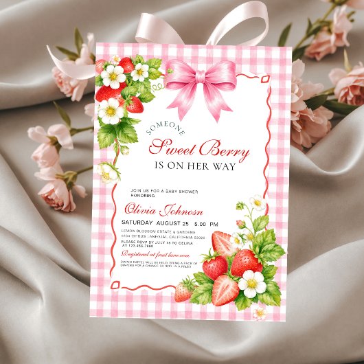 Invitation Douce Fête de Bébé Rose à Motif Vichy Fraise