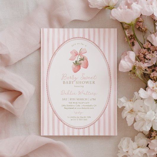 Invitation Douce Fête de Fille Rose à Rayures pour Bébé
