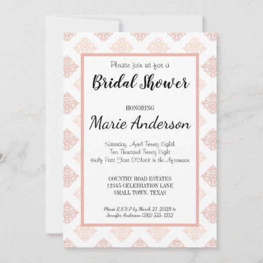 Invitation Douce Fête de Mariage Rose Pêche en Damas (Devant)