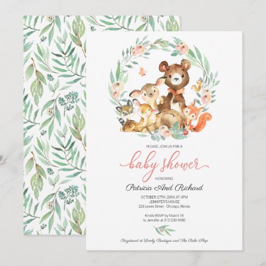 Invitation Douce Fête de Naissance Animaux de la Forêt (Devant / Derrière)