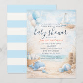 Invitation Douce Fête de Naissance Bébé Bleu Côtier Nautique (Devant / Derrière)