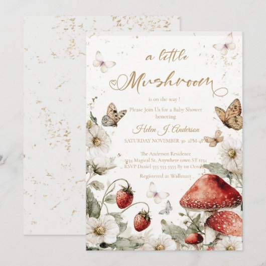 Invitation Douce Fête de Naissance Champignon et Baie (Devant / Derrière)