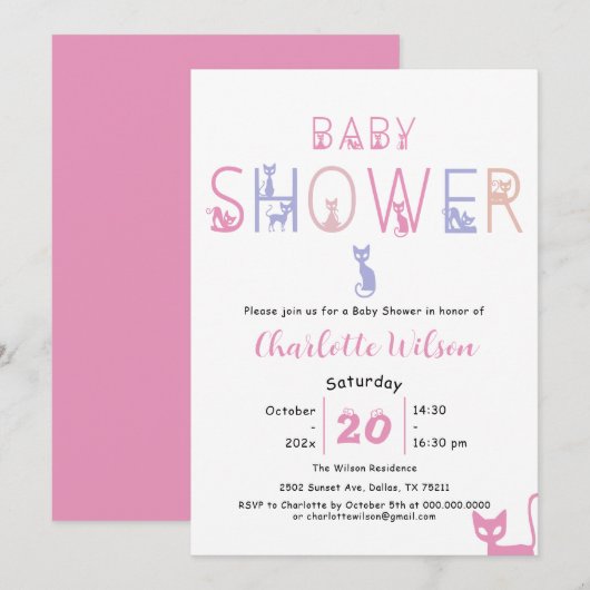 Invitation Douce Fête de Naissance Chat Pastel (Devant / Derrière)