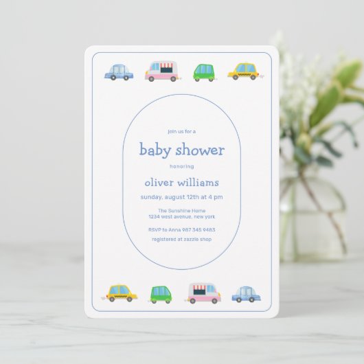 Invitation Douce Fête de Naissance de Bébé avec Véhicule Colo (Debout devant)