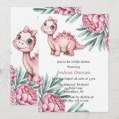 Invitation Douce Fête de Naissance de Bébé Fille avec un Dino (Devant / Derrière)