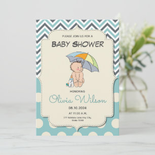 Invitation Douce Fête de Naissance de Bébé Garçon Bleu Dessin