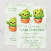 Invitation Douce Fête de Naissance de Jumeaux Cactus (Devant / Derrière)
