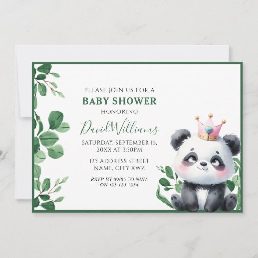Invitation Douce Fête de Naissance de Panda avec Végétation, (Devant)