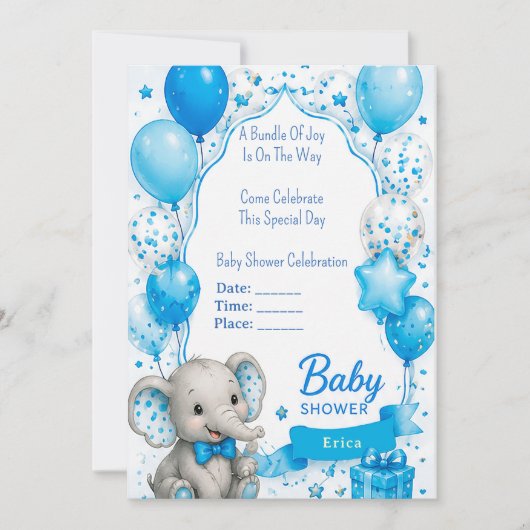 Invitation Douce Fête de Naissance d'Éléphant 🐘 (Devant)