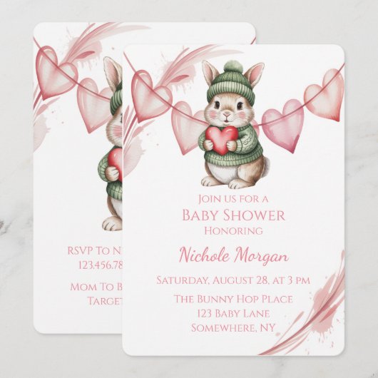 Invitation Douce Fête de Naissance Lapin Aquarelle  (Devant / Derrière)