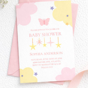 Invitation Douce Fête de Naissance Nuages Étoiles Rose Jaune