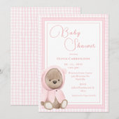 Invitation Douce Fête de Naissance Ours Rose Gingham (Devant / Derrière)