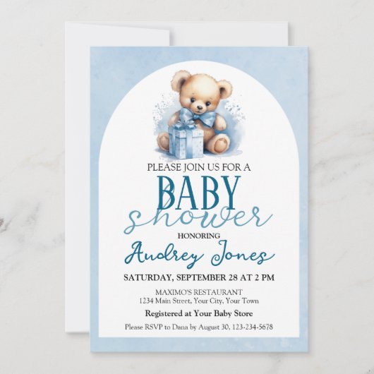 Invitation Douce Fête de Naissance Ourson pour Garçon (Devant)