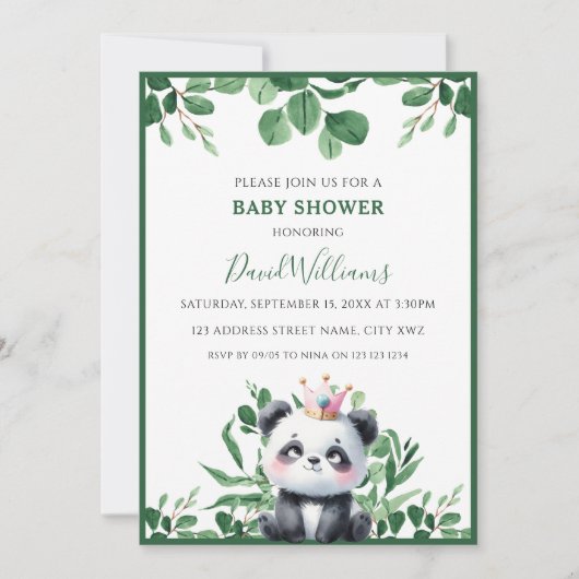 Invitation Douce Fête de Naissance Panda avec Feuillage et Ve (Devant)