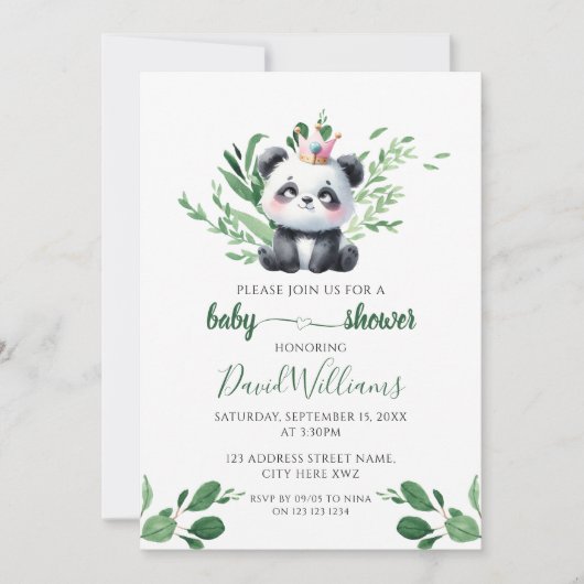 Invitation Douce Fête de Naissance Panda avec Feuillage, Genr (Devant)