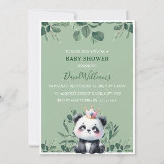 Invitation Douce Fête de Naissance Panda avec Feuillage Vert
