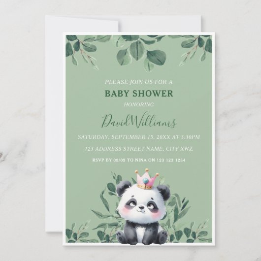Invitation Douce Fête de Naissance Panda avec Feuillage Vert (Devant)