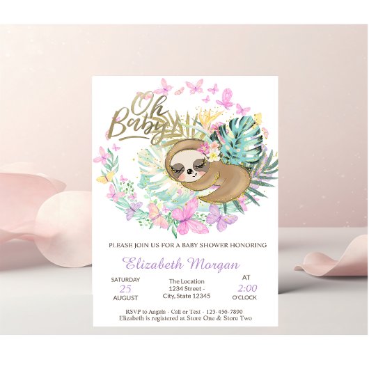 Invitation Douce Fête de Naissance Paresseux Dormant Papillon