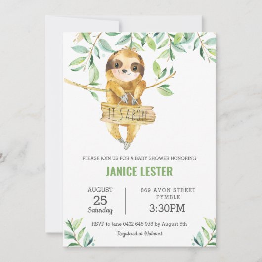 Invitation Douce Fête de Naissance Sloth Garçon avec Feuillag (Devant)