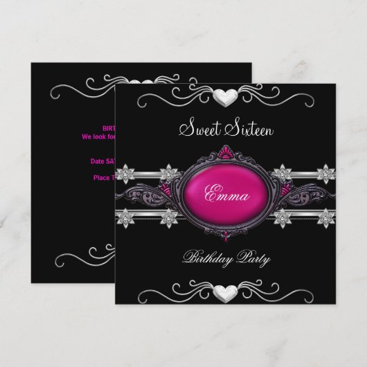 Invitation Douce Fête de Seize Ans 16 Argent Rose Noir Joyau (Devant / Derrière)
