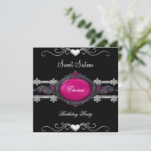 Invitation Douce Fête de Seize Ans 16 Argent Rose Noir Joyau (Debout devant)