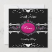 Invitation Douce Fête de Seize Ans 16 Argent Rose Noir Joyau (Devant)