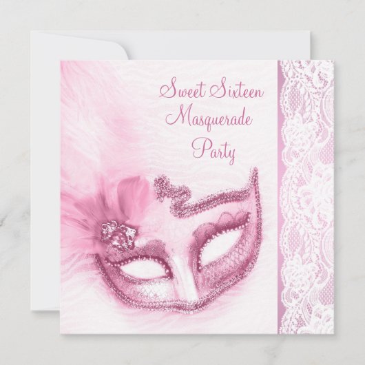 Invitation Douce fête de seize ans rose masquée (Devant)