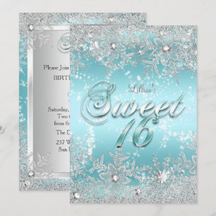 Invitation Douce fête des 16 ans en hiver bleu sarcelle floco