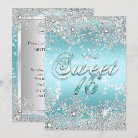 Invitation Douce fête des 16 ans en hiver bleu sarcelle floco (Devant / Derrière)