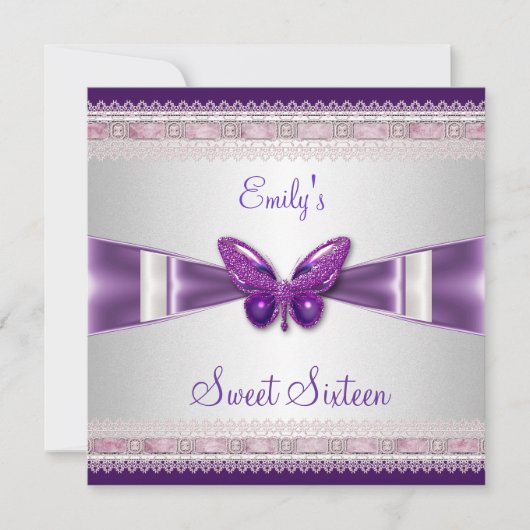 Invitation Douce Fête des 16 ans Papillon Blanc Violet (Devant)