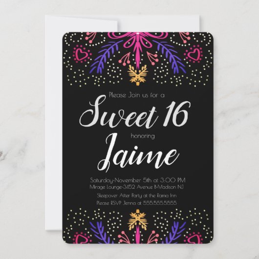 Invitation Douce Fête des Seize Ans Floral Chic à Points (Devant)
