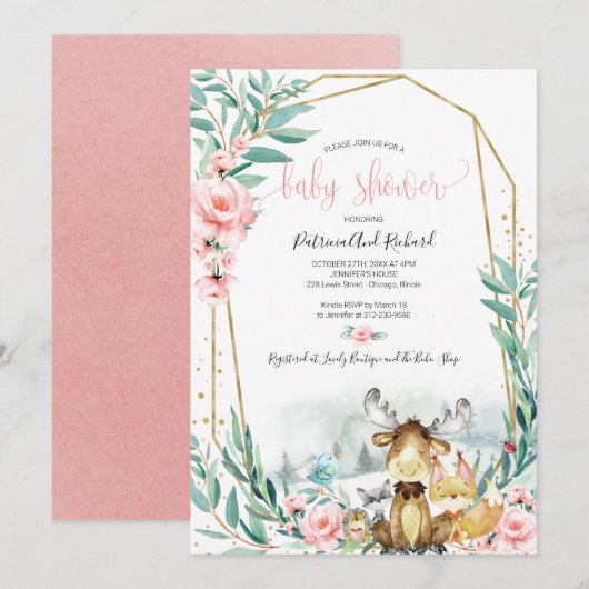 Invitation Douce Fête Florale de la Forêt pour Bébé (Devant / Derrière)