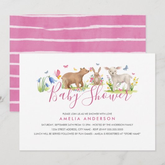 Invitation Douce Fête Prénatale d'Animaux de la Forêt (Devant / Derrière)