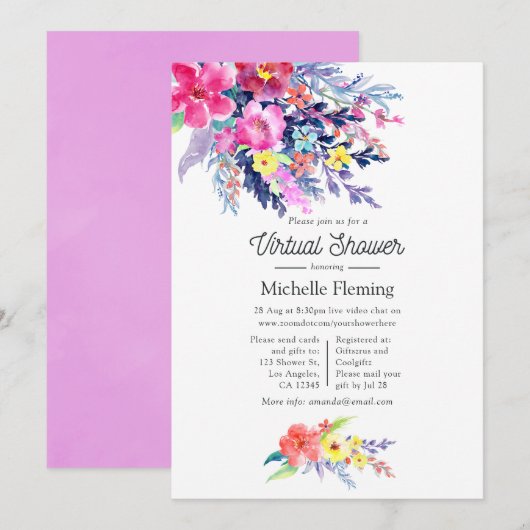 Invitation Douce Fête Virtuelle de Bébé aux Fleurs Aquarelles (Devant / Derrière)