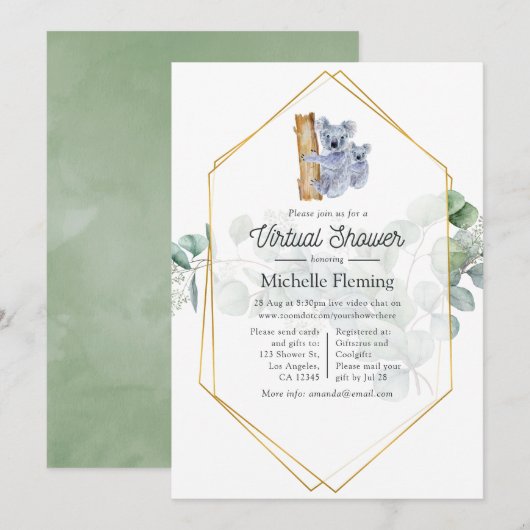 Invitation Douce Fête Virtuelle de Bébé Koala Eucalyptus (Devant / Derrière)