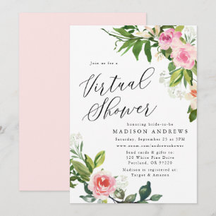 Invitation Douce Fête Virtuelle de Mariage aux Fleurs Roses