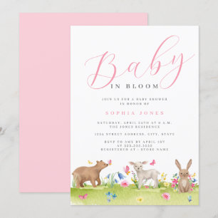 Invitation Douce Fille Animaux Bébé en Fleur Baby Shower  