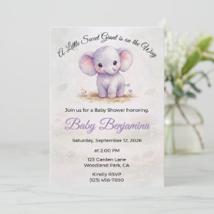 Invitation Douce Fille au thème d'Éléphant Violet Baby Shower