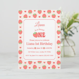 Invitation Douce Fille aux Fraises Fête du 1er Anniversaire
