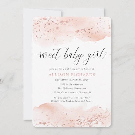 Invitation Douce fille fille aquarelle rose or rose rousse (Devant)