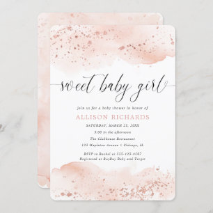 Invitation Douce fille fille aquarelle rose or rose rousse