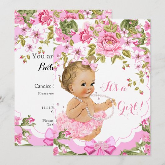 Invitation Douce Fille Fleur Rose Bébé Shower Blonde Tutu (Devant / Derrière)