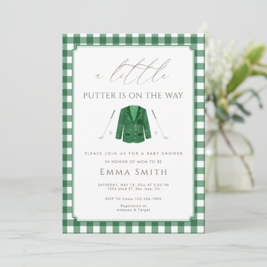 Invitation Douce Fille Gingham Baby Shower de Golf (Debout devant)