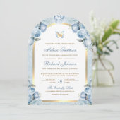 Invitation Douce Fleur Bleue Or Arche Papillon Mariage (Debout devant)